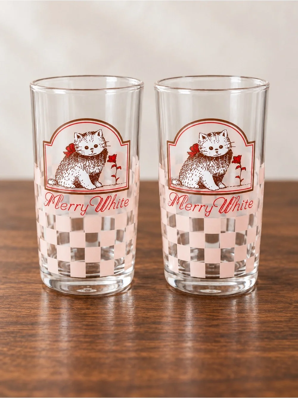 Pair Kitten Cat Juice Glasses Tumblers Pink Checkerboard Merry White 4.5” Retro
